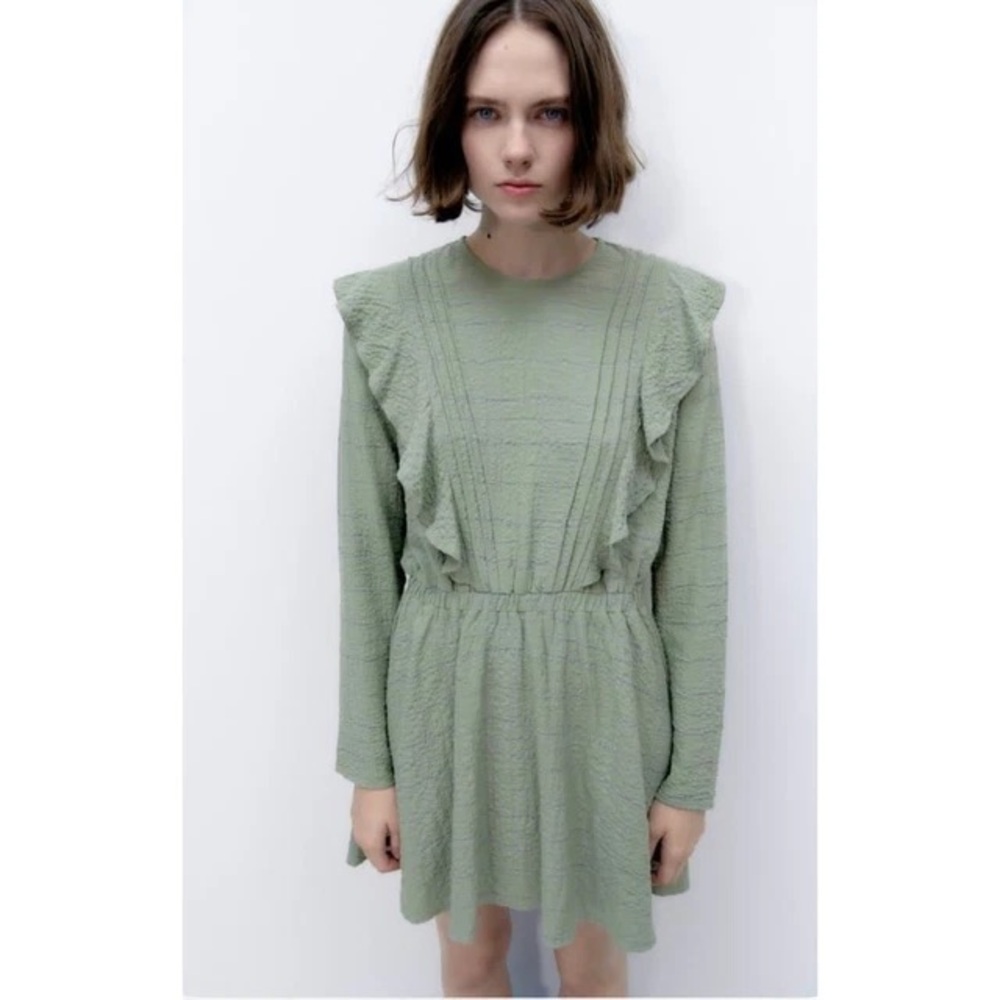 Zara Green Ruffled Long Sleeve Dress
